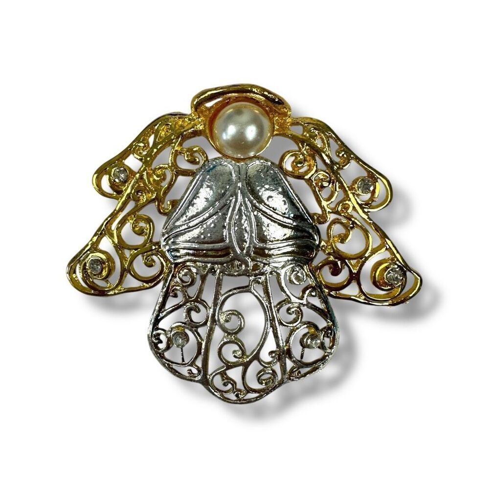 Vintage Two Tone Filigree‎ Angel Brooch Pin Silver Gold Rhinstone Accent Wings
